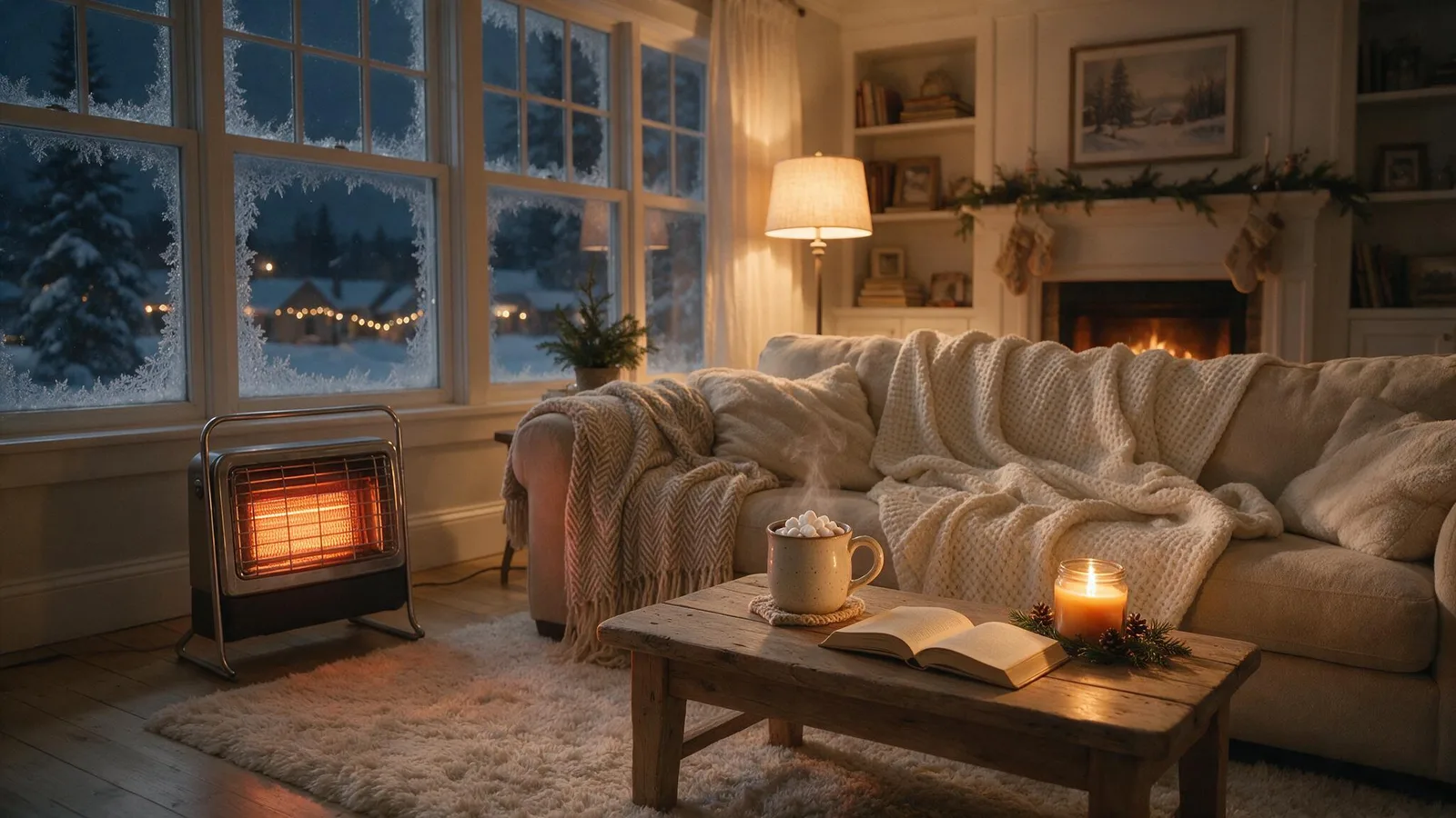 Cozy living room with a glowing heater on a snowy winter evening