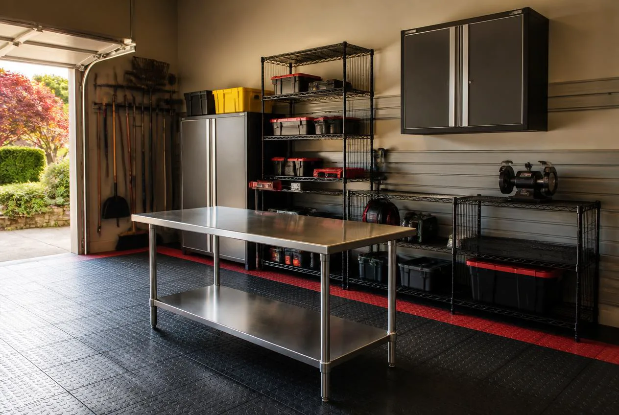 Converted garage workshop with stainless work table and wire shelving
