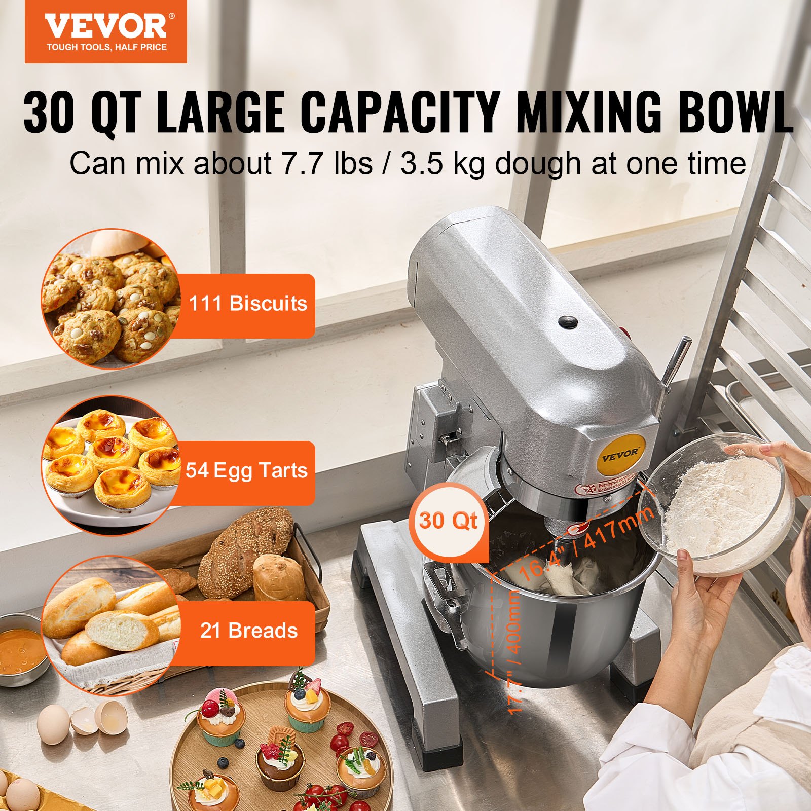 30Qt commercial mixer — 3.5kg dough per batch, 111 cookies / 54 egg tarts / 21 breads