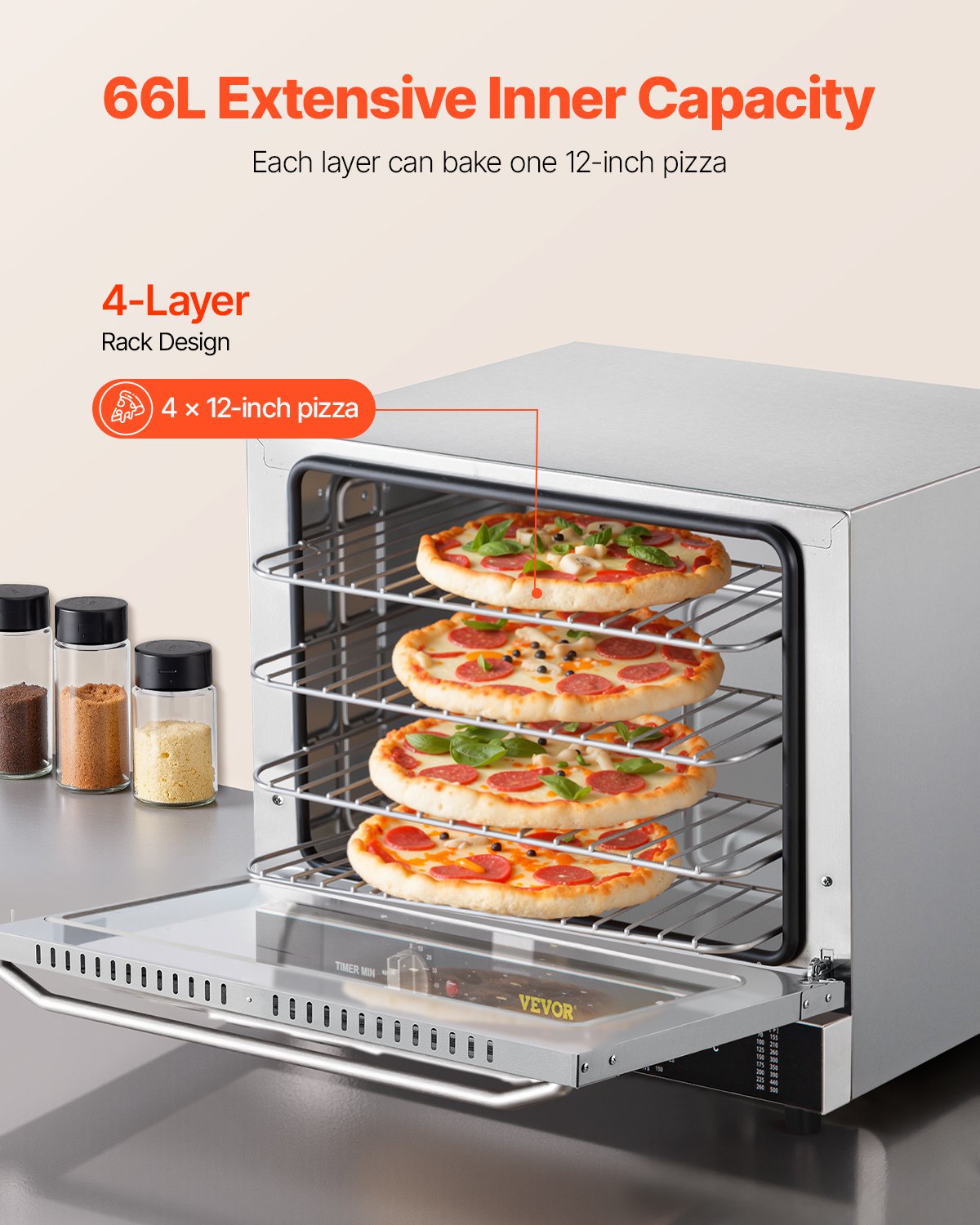 66L convection oven — 4 racks, one 12 inch pizza per rack
