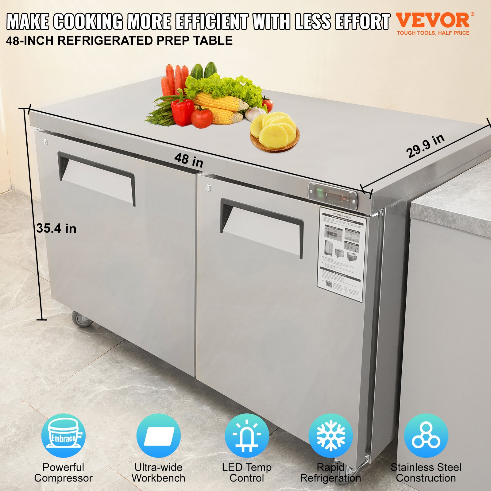 48 inch refrigerated prep table — Embraco compressor, LED control, stainless build