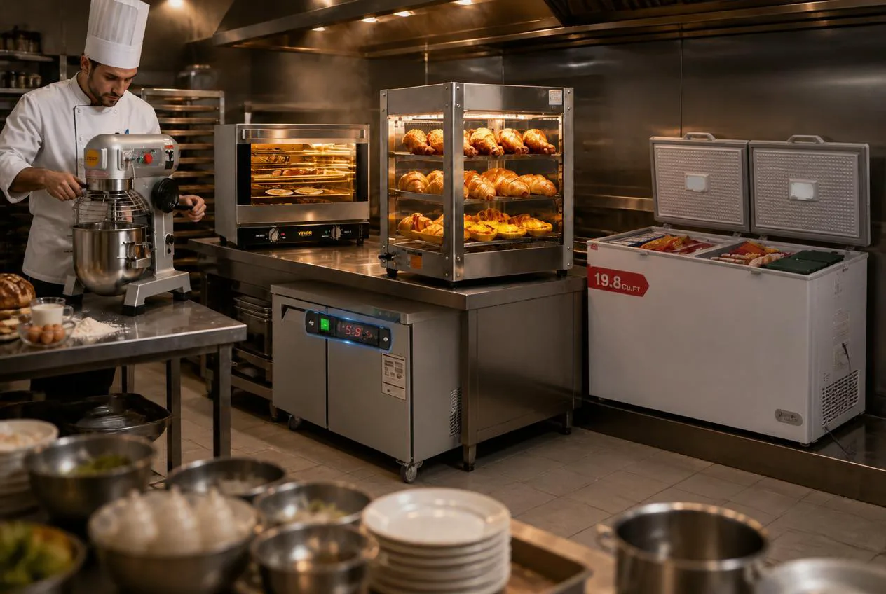 Commercial kitchen line in service — chef mixing dough beside convection oven, warming display, refrigerated prep table and chest freezer