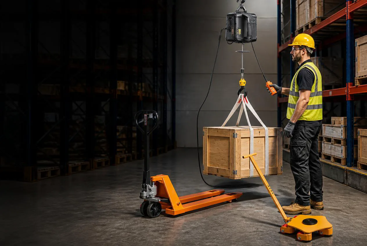 Worker lifting a crate with a portable electric hoist in a warehouse