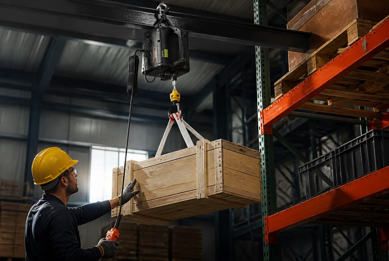 Portable electric hoist lifting a crate to a rack shelf