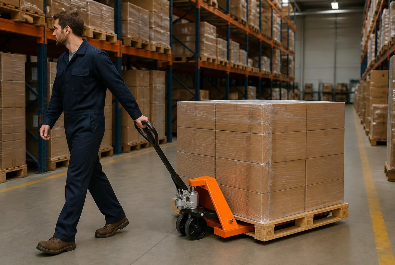 Worker pulling a loaded pallet with a manual pallet jack