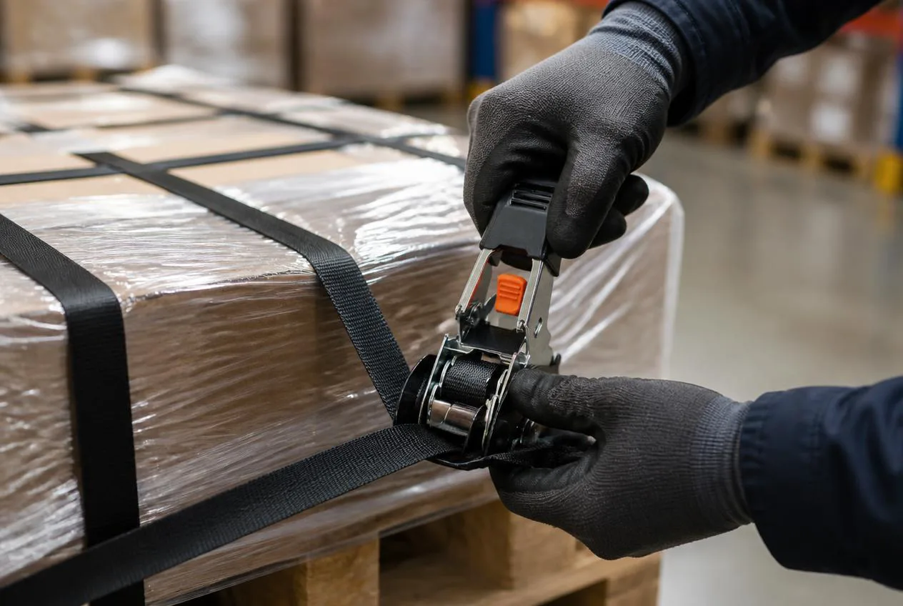 Tightening a ratchet strap over a crated load