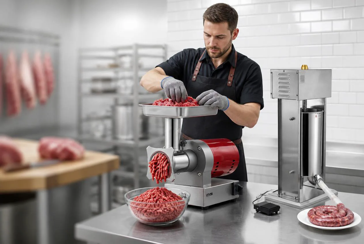 Butcher grinding fresh beef at a stainless steel work table in a small meat shop