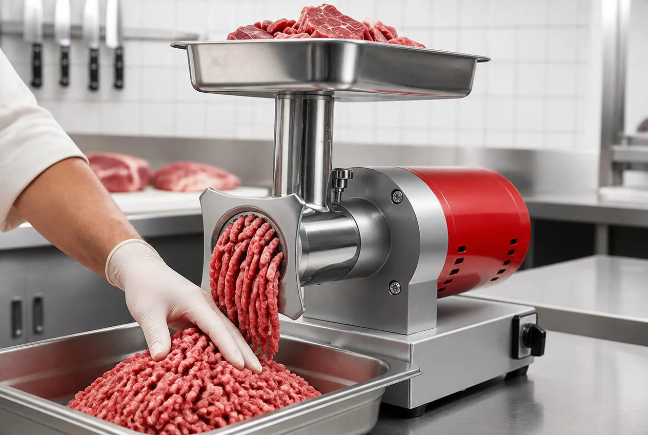 Fresh beef going through an electric meat grinder