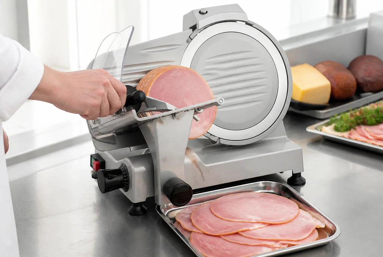 Even deli slices stacking up on a commercial meat slicer
