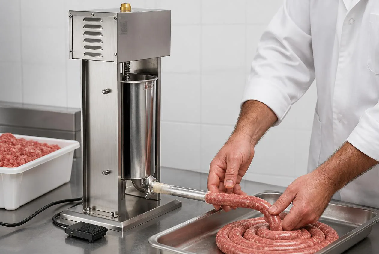 Sausage links coming off a vertical electric stuffer