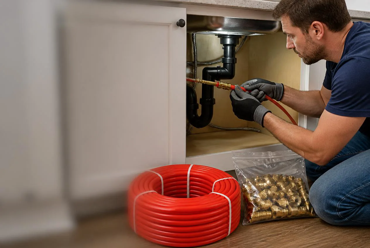 Red PEX water lines being run along wall studs during a kitchen remodel