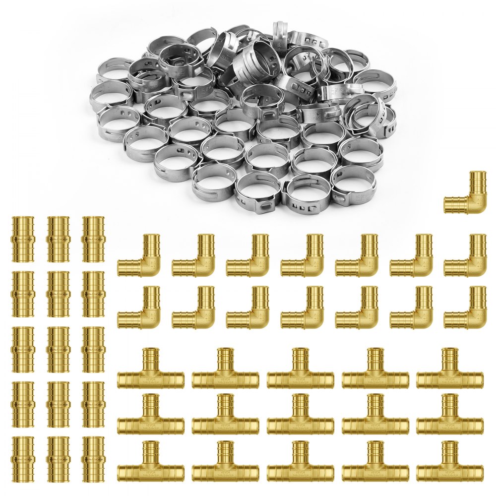 VEVOR 45-piece brass push-fit pipe fittings set with straights, elbows and tees