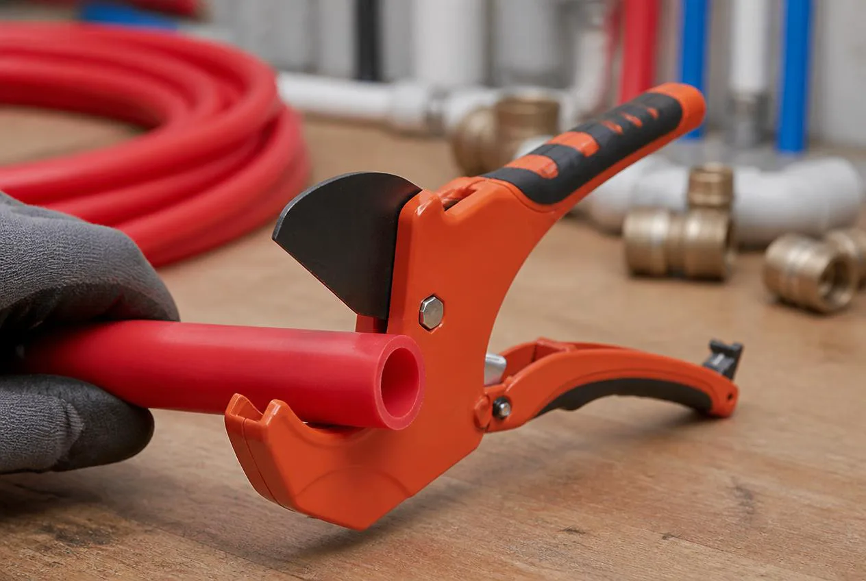 Ratcheting pipe cutter making a clean square cut on PEX tubing