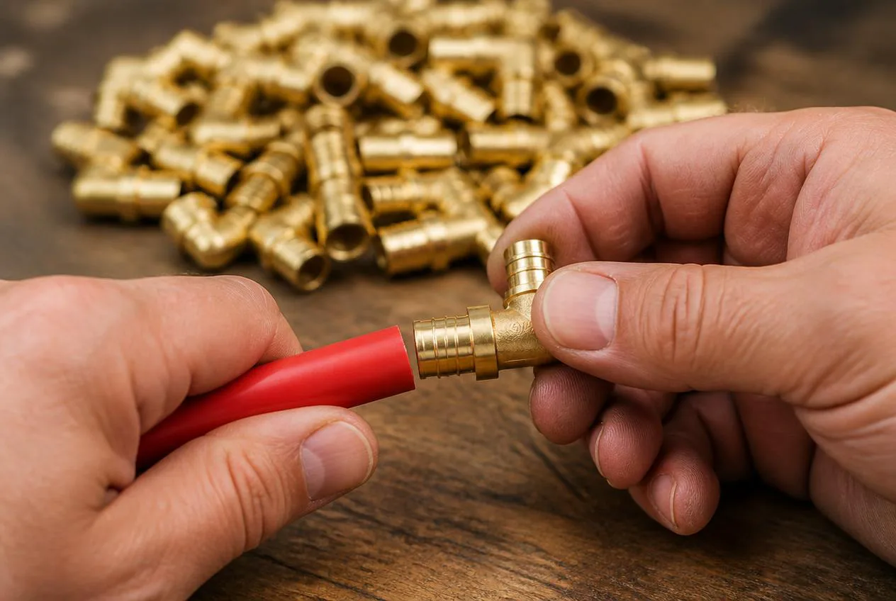 Close-up of a brass push-fit fitting being pushed onto PEX tubing
