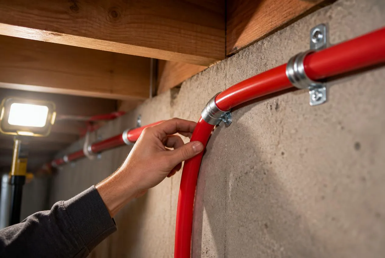 Red PEX lines running along a wall with bend supports at the corners