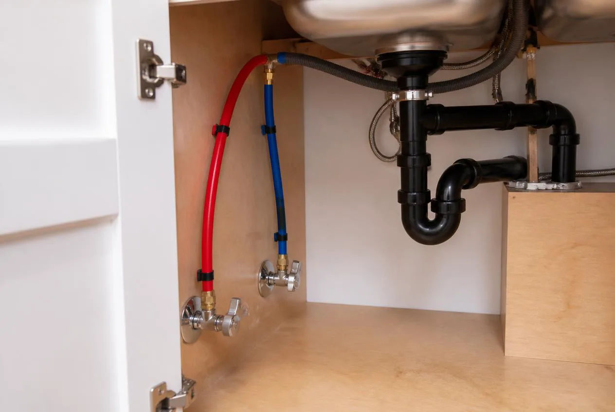 Finished PEX supply lines under a kitchen sink