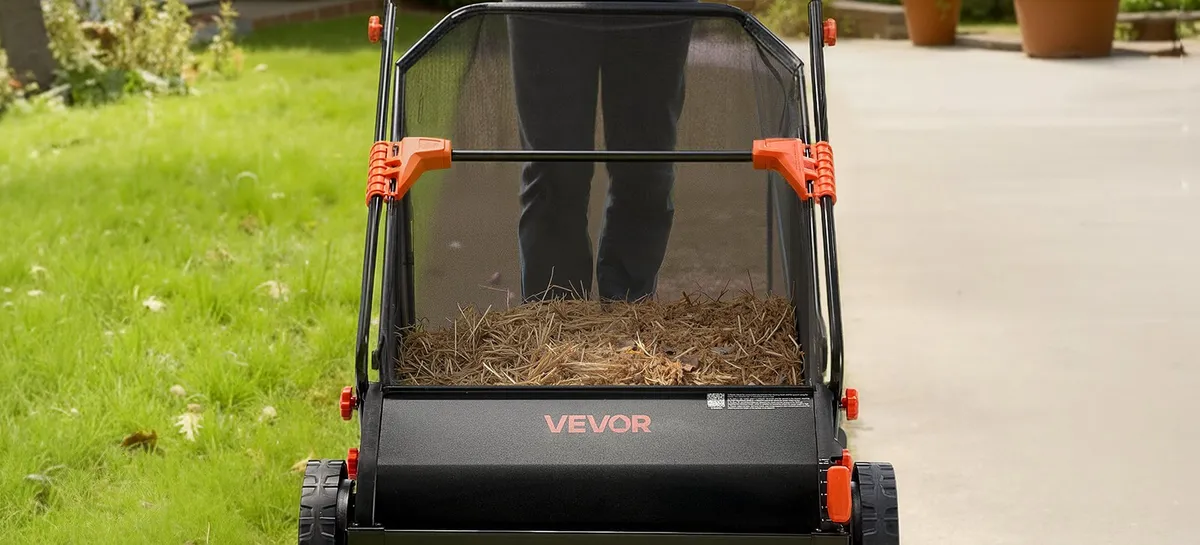 Collecting the piles with the push lawn sweeper