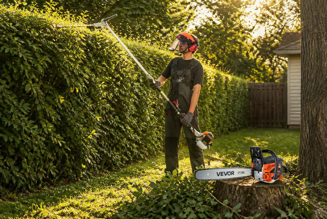 Homeowner cutting back an overgrown hedge with the VEVOR 6-in-1 gas trimmer