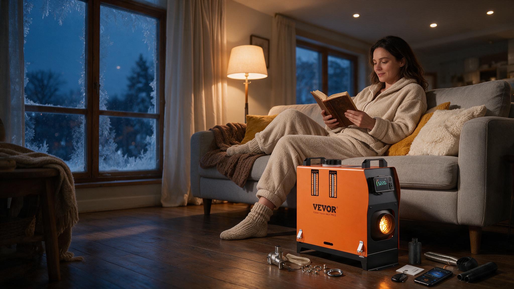 Cozy warm living room with VEVOR diesel heater on a freezing winter day