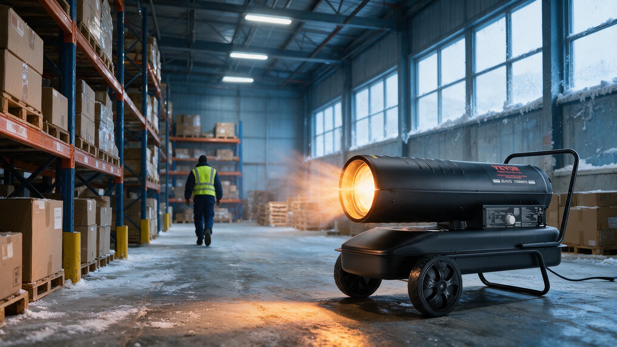 Warehouse with kerosene heater blowing warm air