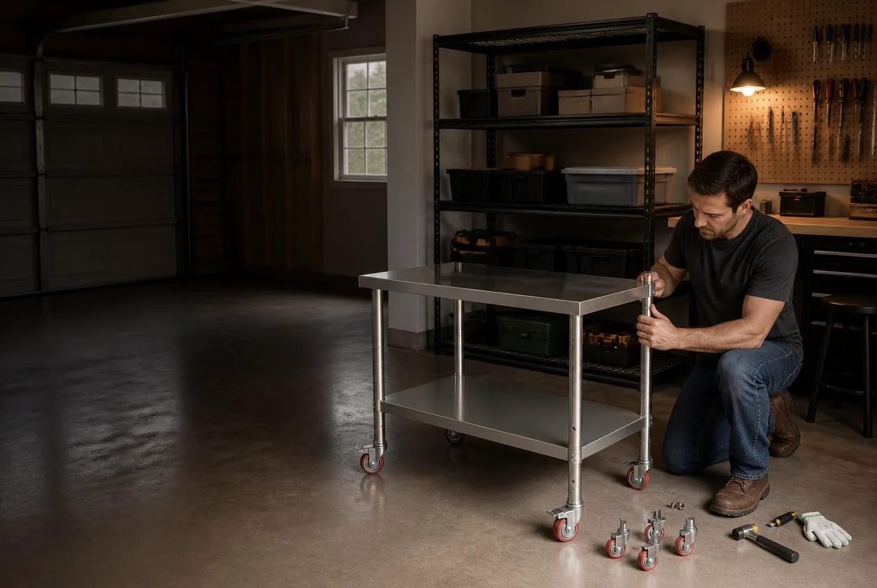 Organized garage workshop with stainless work table, wire shelving and wall cabinet