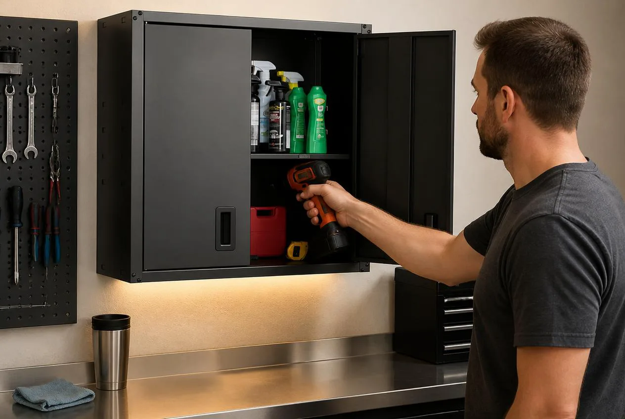Wall-mounted metal cabinet above a garage workbench
