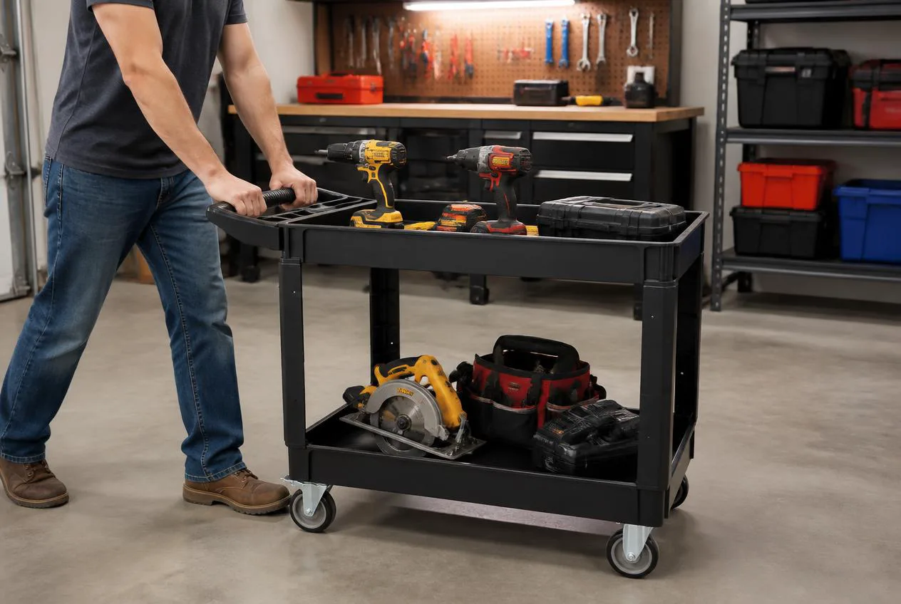 Utility cart loaded with tools parked beside a workbench