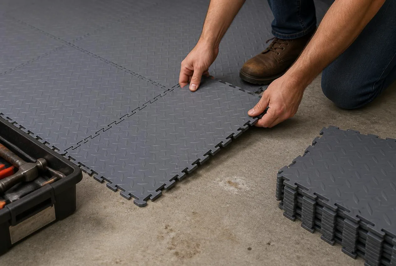 Interlocking diamond-plate garage floor tiles in a clean workshop
