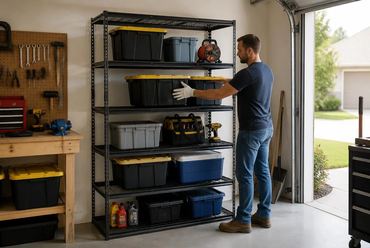 Five-tier wire shelving loaded with garage bins and tools